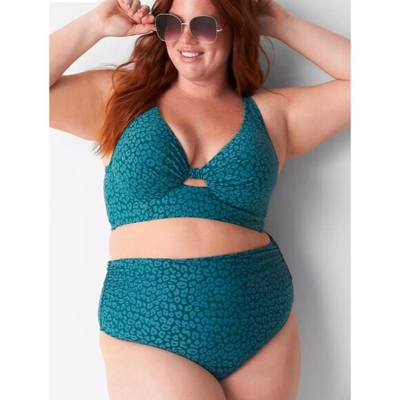 Foldover Waist Swim Brief Lane Bryant Cacique Green Leopard Print Bottom Size 34 - Picture 4 of 8